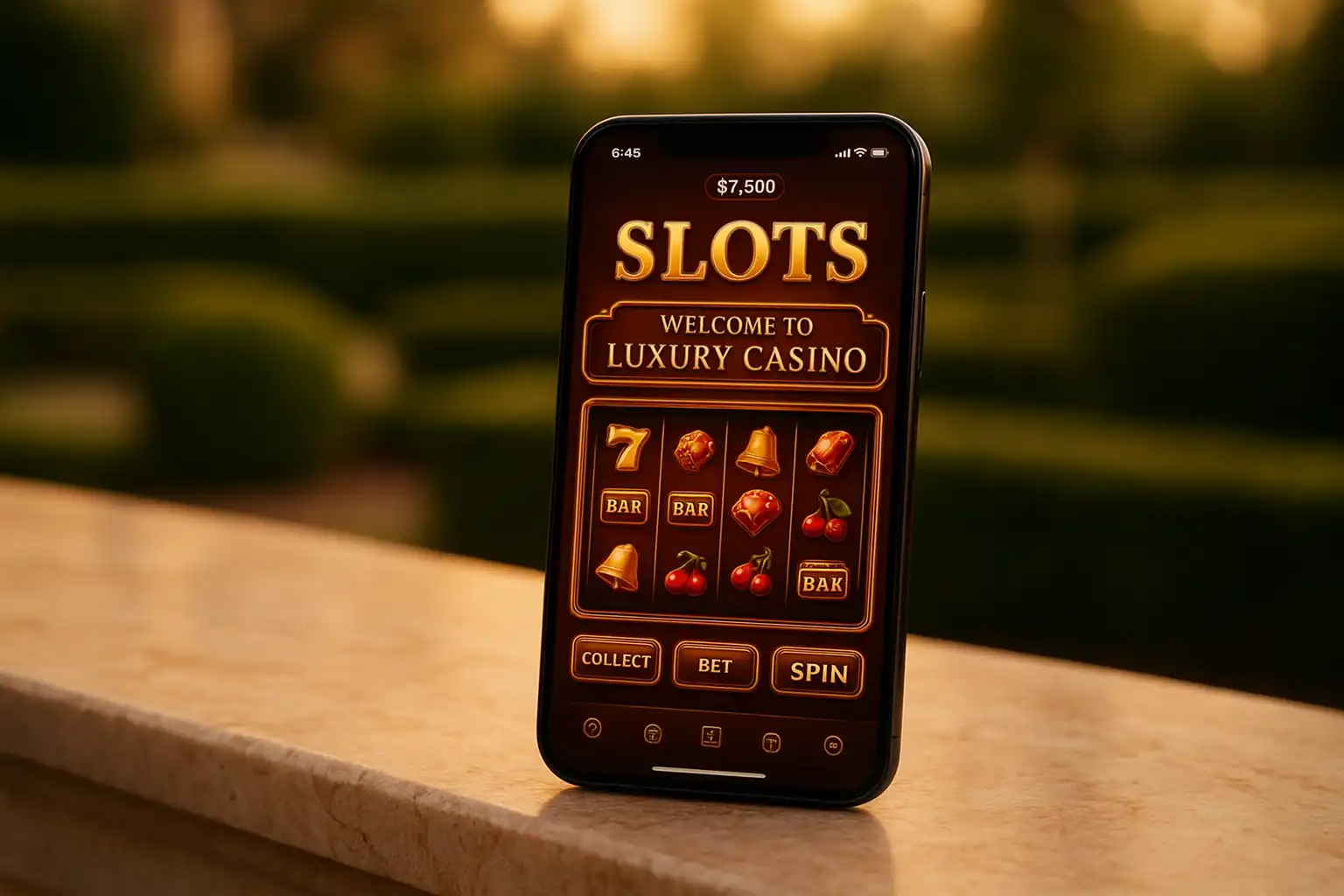 Smartphone displaying the LuxWinners slot lobby against a background of ornamental garden hedges