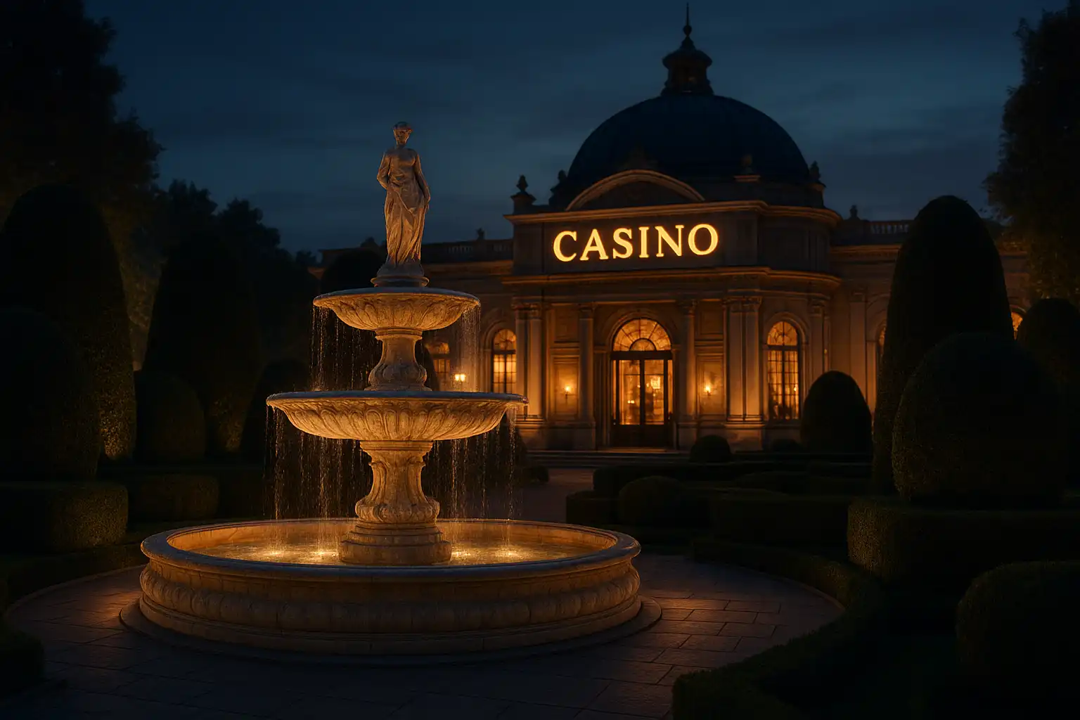 Marble fountain and sculpted hedges outside the LuxWinners royal garden pavilion at dusk