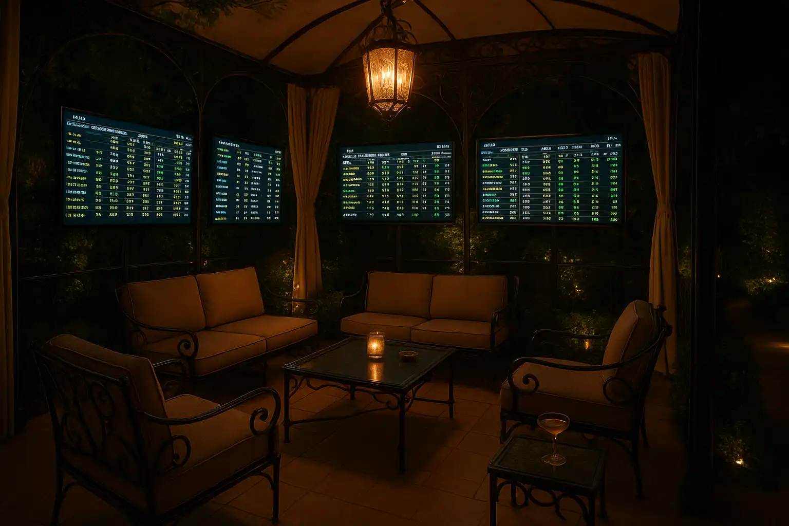 Elegant garden pavilion lounge with screens displaying live sports odds